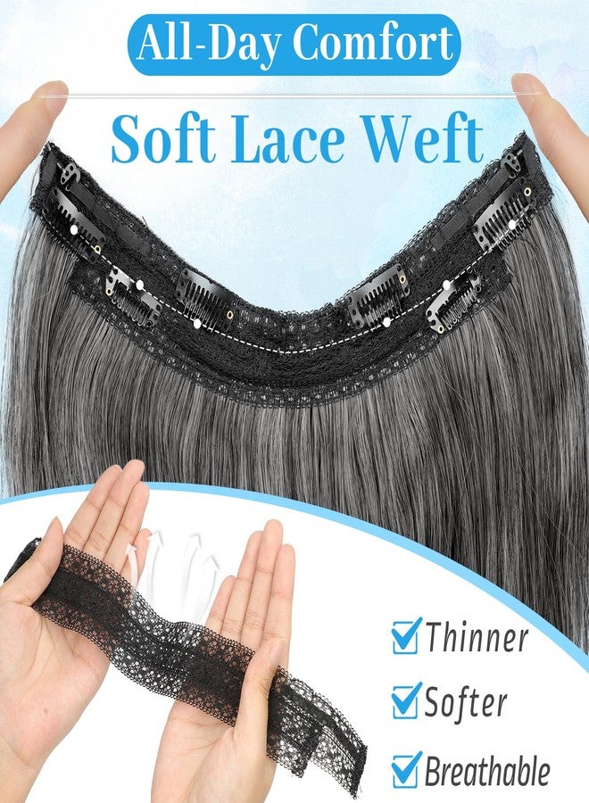 KooKaStyle Invisible Wire Hair Extensions Long Wavy Layered Synthetic Hair Extensions with Transparent Wire Adjustable Size 6 Secure Clips Grey/Sliver Mixed Hairpieces for Women 20 Inch - Image 4